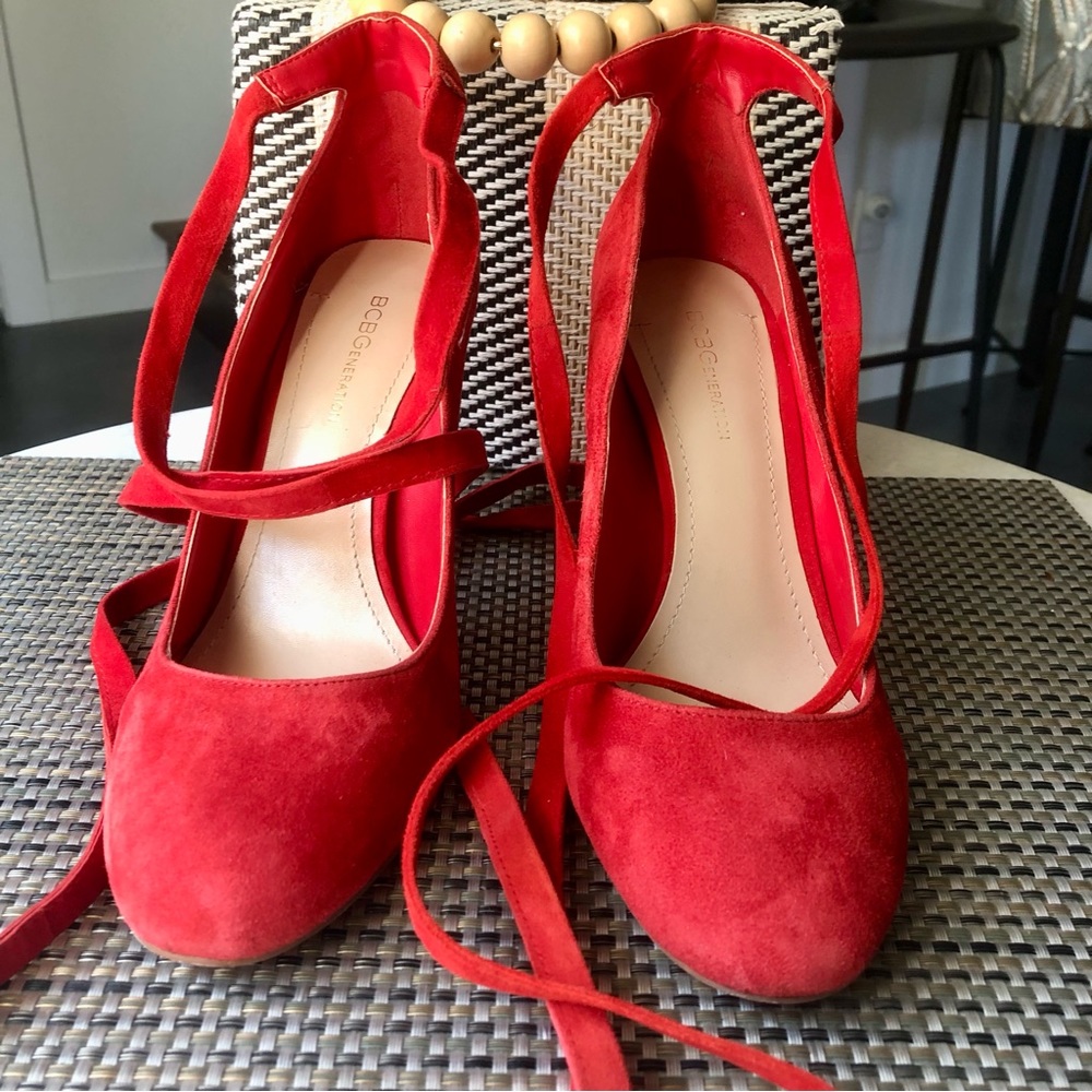 BCBGeneration Red Suede Ankle Wrap Heels - Picture 3 of 7